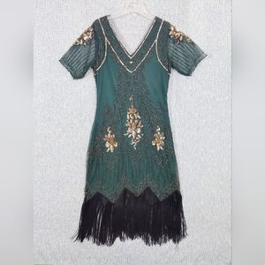 Babeyond Gatsby Evening Dress, 1920s Style w/Gold Sequins, Fringe